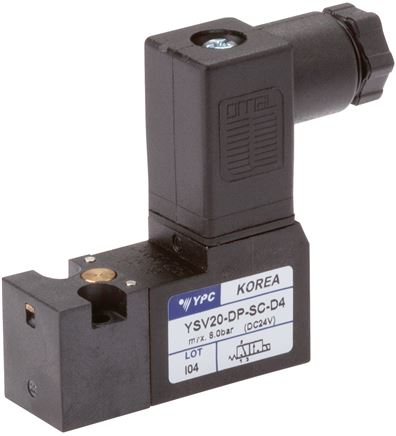 Exemplary representation: 3/2-way solenoid valve with spring return (NC) with standard plug